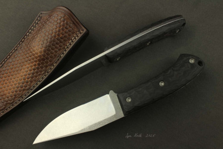 "Vrana" Čepel nerezová ocel N690, cca 120mm / Rukovať mikarta / Púzdro hovadzina / Cena: 200 eur